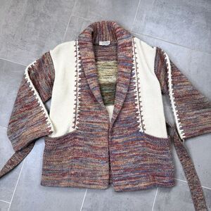 VTG 70s Kimlon Sweater S/M Colorful Ivory Patchwork Belted Cardigan SouthWestern